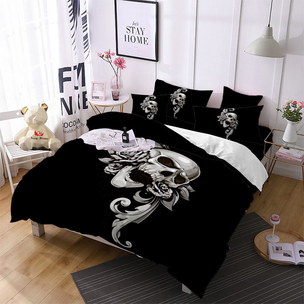 Silver Ladies Skull Bedding Set Flower Print Duvet Cover Home