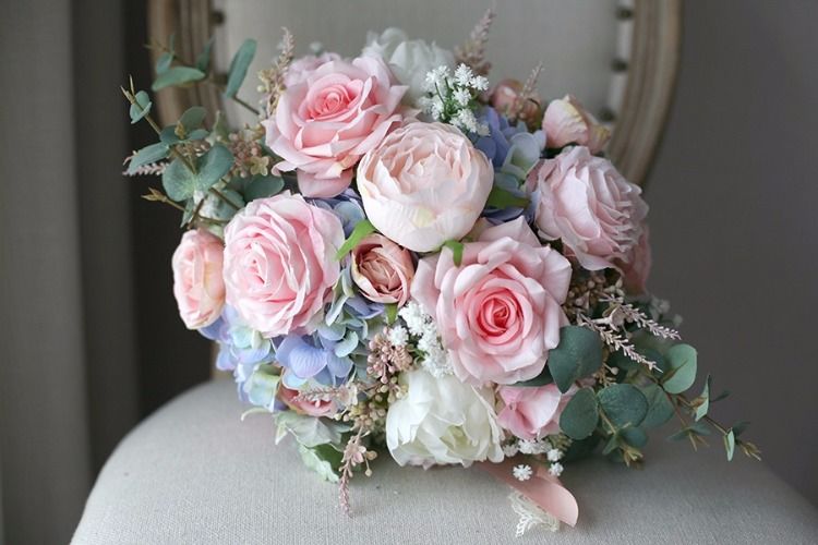 Artificial Pink Bridal Bouquet Rose Bride Real Touch Holding
