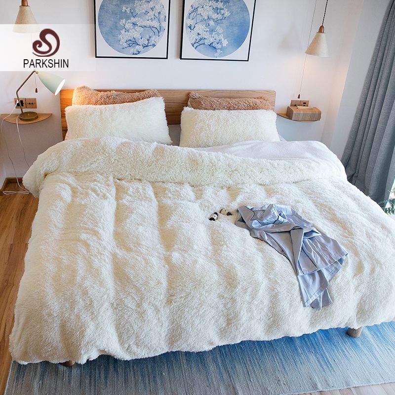 Parkshin White Cloud Mink Velvet Bedding Set Elegant Duvet Cover