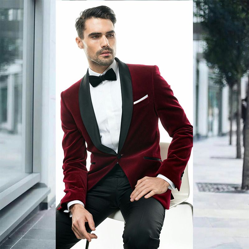 Acheter 2018 Bordeaux Rouge Velours Châle Revers Hommes Costumes De Mariage Costumes Marié Casual Tuxedo Custom Made Mince Fit Meilleur Homme Blazer