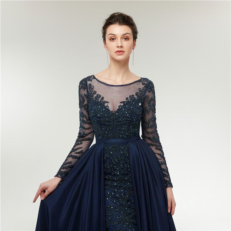 Acheter Bleu Marine Robes De Soirée Sirène Manches Longues Luxe Mode Femme Soirée Formelle Robes De Bal Arabe De 24624 Du Missudress Dhgatecom