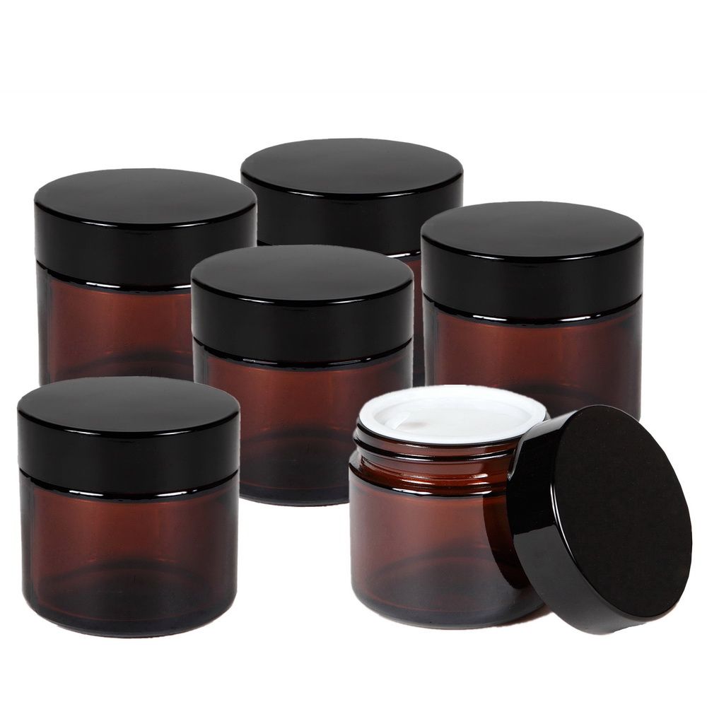 2 Oz 50g Round Amber Glass Jar Straight Sided Cream Jars W/ Black