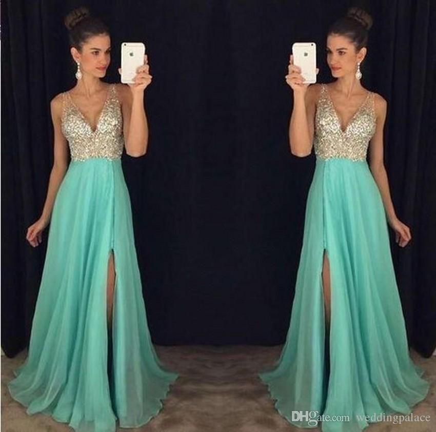 Elegantes vestidos largos de baile con cuello en V sin mangas rebordear gasa con aberturas laterales Elegantes vestidos largos de baile con cuello en V sin mangas rebordear gasa con aberturas laterales