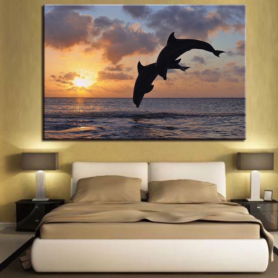 Acheter Ventes Chaudes Hd Imprimer 1 Panneau Sauter Dauphins Photos Danimaux Coucher De Soleil Paysage Marin Affiches Décor à La Maison De 2111 Du