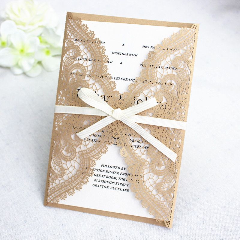 precisely lace laser cutting shiny wedding invitation gold country invitation card with ribbon craft envelop party supply simple wedding invitations simple invitation card