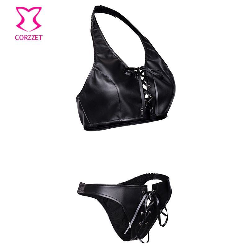 Compra Conjunto De Lencería Sexy De Cuero Negro Con Cuello Halter Con  Cordones Sin Espalda Conjunto De Tallas Grandes Sujetador Y Panty Ropa  Interior Erótica Club Night Wear Barato | Entrega Rápida