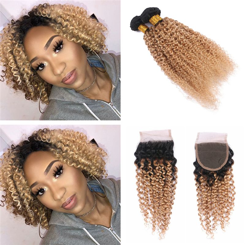 2019 Ombre 1b 27 Curly Hair Bundles With Lace Closure 4x4 Honey