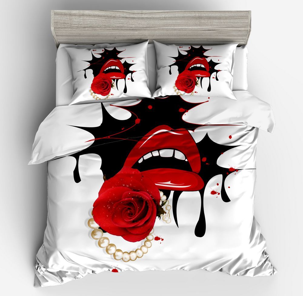 Hot Sexy Mouth Duvet Cover Sets Vivid Red White Black Kissing Twin