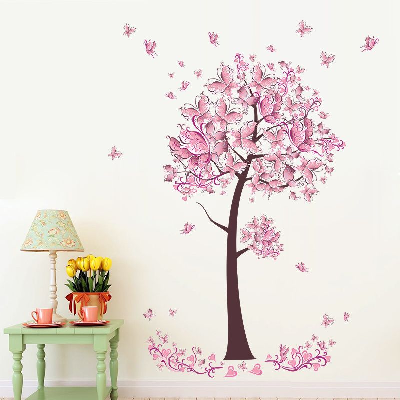 Pink Butterfly Flower Tree Wall Stickers Decals Girls Women Flower