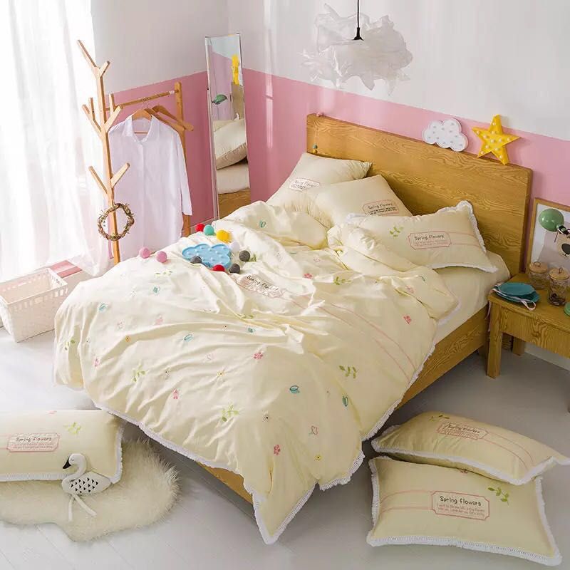Lace Edge Pink Comfor Bedding Set Duvet Quilt Cover+Sheet+Pillow Case Four-Piece