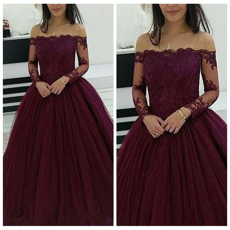 Abiti Eleganti Bordeaux Abiti Da Sera Con Spalle Scoperte In Pizzo  Appliques A Maniche Lunghe Gonfio Abito Da Ballo In Tulle Prom Party Dress  Abiti Formali Da 122,85 € | DHgate Italy