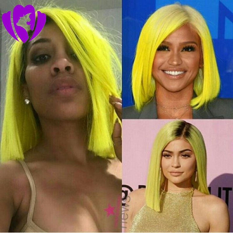 New style Short Wigs for Women 14inches Synthetic Straight Ombre yellow  lace front wig heat resistant synthetic bob wig