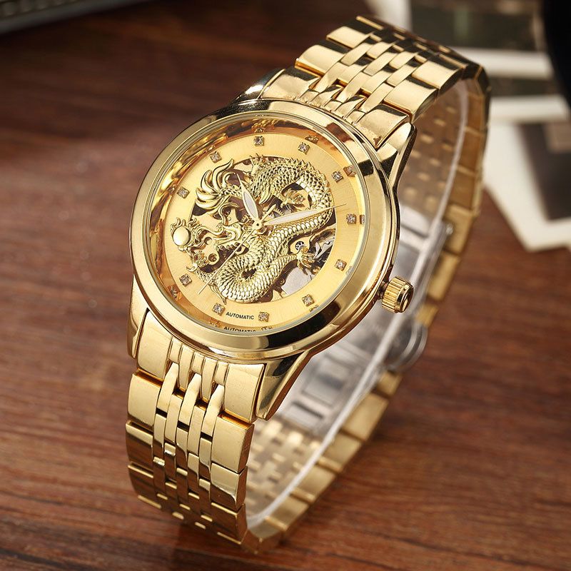 Skeleton Gold Mechanical Watch Men Automatic 3D Carved Dragon 