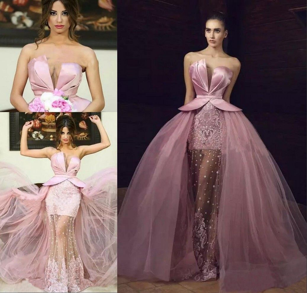 Pink Appliqued Pearls Lace Overskirt Evening Dresses Pleats Peplum Formal Party Gowns Middle East Evening Dresses Wear Mermaid Prom Dress