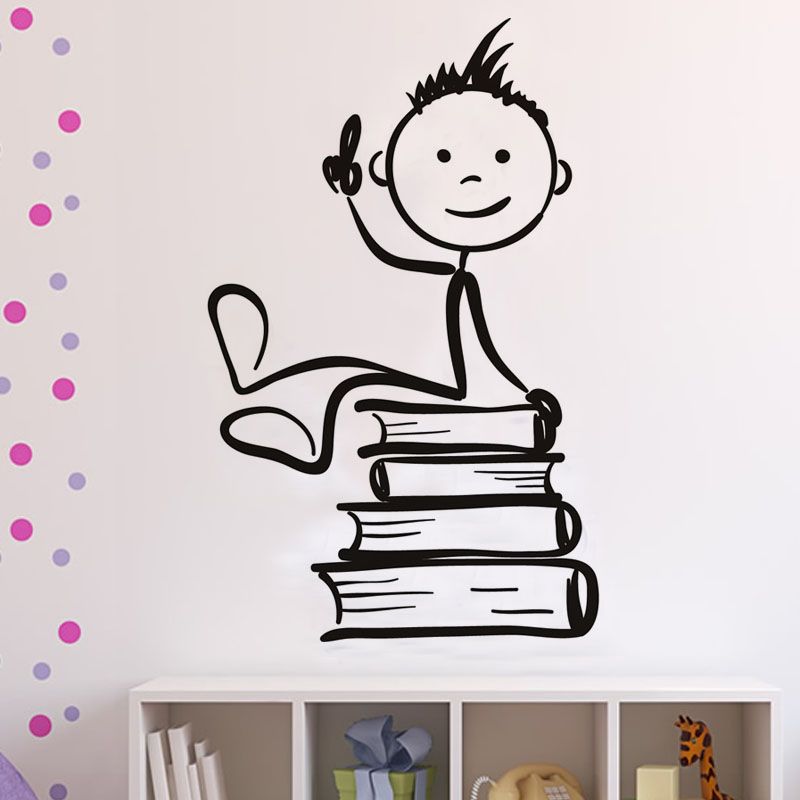 Cute Cartoon Boys Sitting On The Books Wall Stickers Children Rooms Wall  Decor Mural PVC Removable