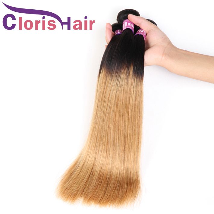 Highlight 1B 27 Ombre Blonde Bundles Raw Indian Peruvian Virgin Hair  Extensions Cheap Dark Roots Honey Blonde Straight Human Hair Weaves