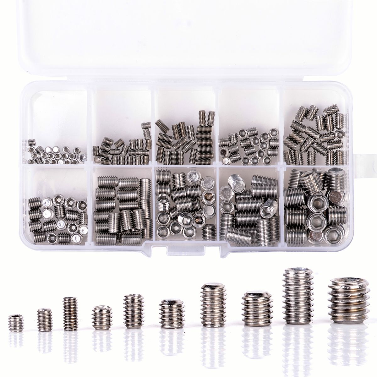M3 M4 M5 M6 M8 Stainless Steel Grub Screw Assortment Kit with Storage Box 200PCs Cone Point Hex Socket Grub Screw Set