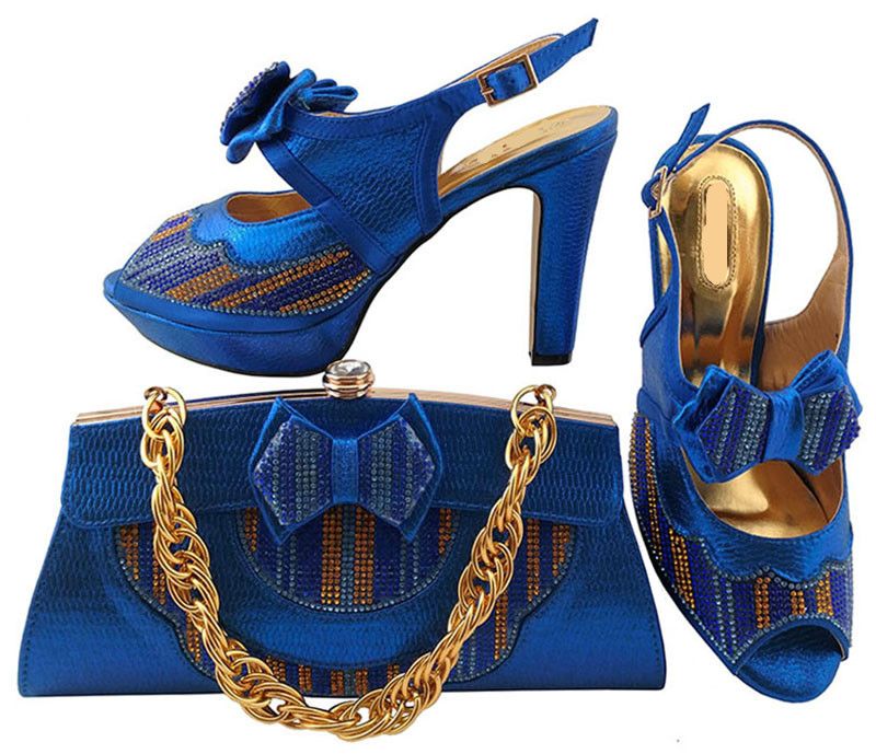 Beautiful Royal Blue Shoes Matching Bags Series With Bowtie African