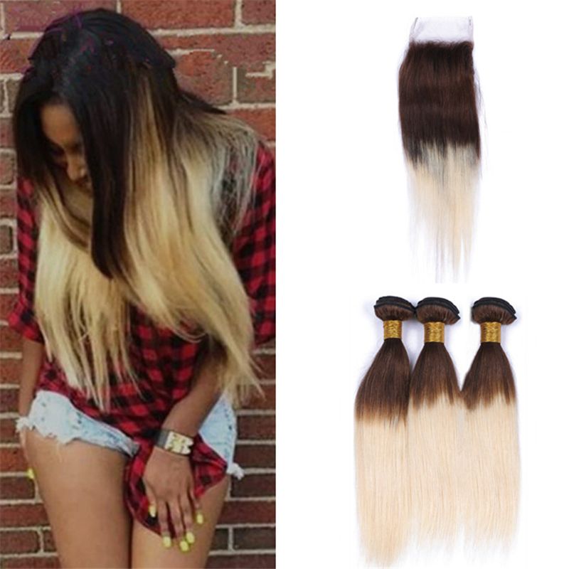 4 613 Ombre Straight Hair Bundles With Lace Closure Chestnut Brown