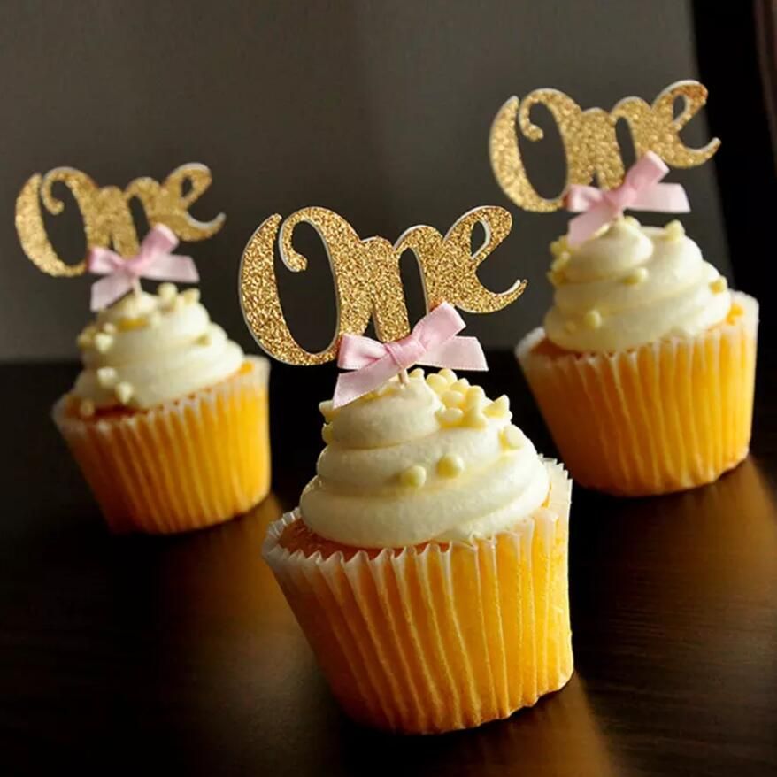 Baby First Birthday Decoration One Cupcake Toppers Pink Bows