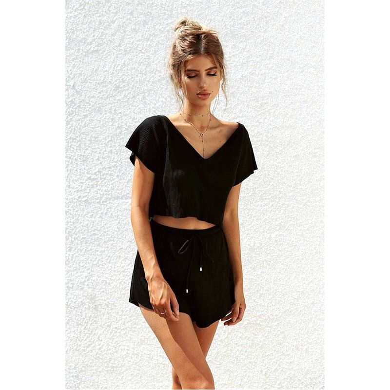 2019 Summer Fashion Black Shirt Black Short Pants Suit Casual