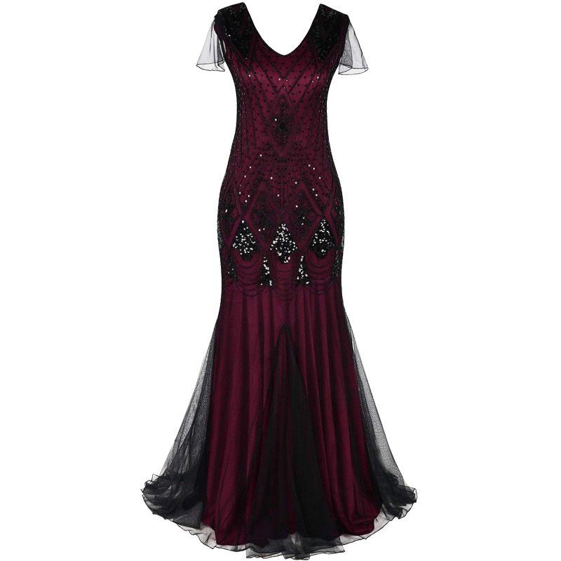 Women 1920s Great Gatsby Dress Long 20s Flapper Dress Vintage V Neck ...