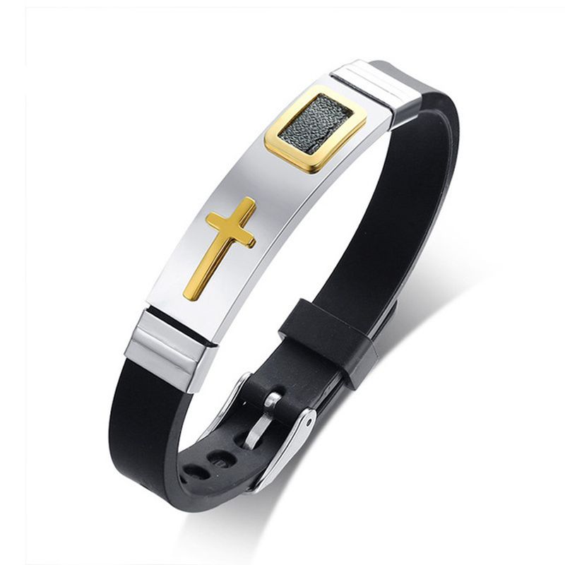 Hommes Croix d'Argent Bracelet caoutchouc noir en acier inoxydable Bracelet *tr Hommes Croix d'Argent Bracelet caoutchouc noir en acier inoxydable Bracelet *tr