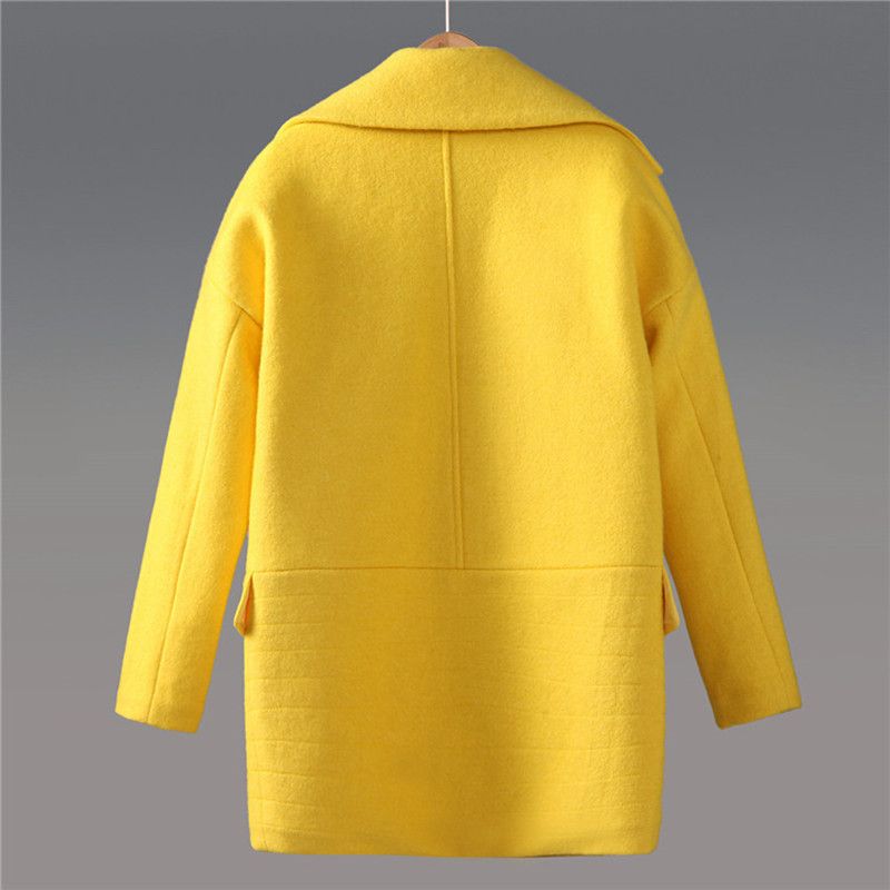 Sólido de las mujeres Color Amarillo Limón Cocoon Moda Europea Traje Largo Abrigos de Cuello