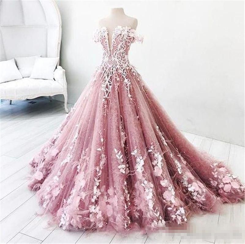 pink off the shoulder prom dress