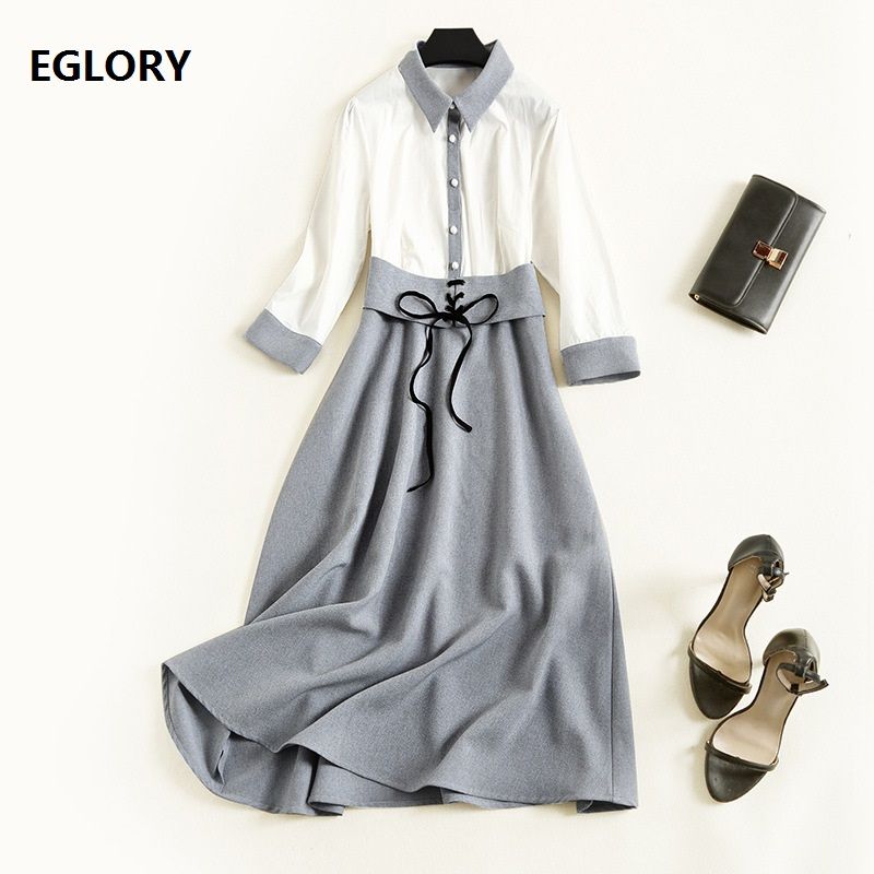 Buy Best And Latest Occasion One Piece Dress New Fashion Style 18 Autumn Winter Office Lady Grey White Color Block 3 4 Sleeve Mid Calf Length Dress Elegant Dhgate Com