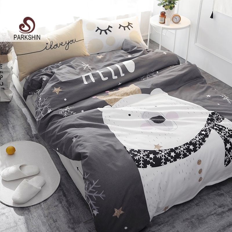 Parkshin White Bear On Gray Printed Bedding Set Kids Bedspread