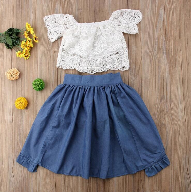 Lace Floral Long Skirt Outfit Set Summer Clothes Toddler Baby Girl White Off Shoulder Ruffle Sleeve Top