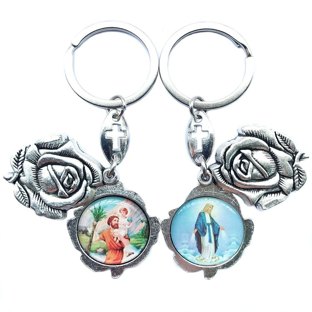 Retro Religious Antique Silver Enamel Jesus Sliding Rose Petal Keychain