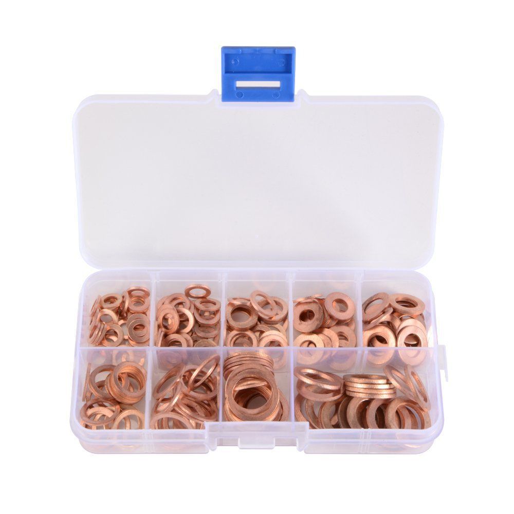 200pcs Engine Oil Drain Plug Copper Crush Washer Seal O-Ring Gasket 9 Sizes Box