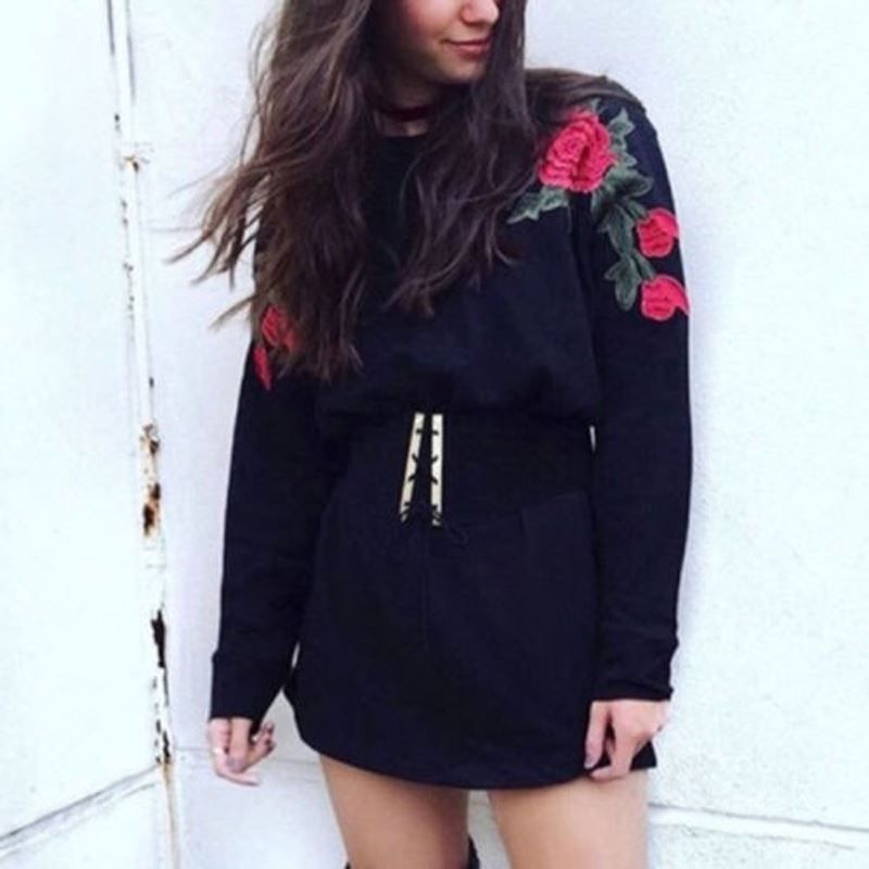 Compra Sudaderas Largas De Las Mujeres De Moda De Manga Larga Con Cuello En  O Pullover Rose Print Negro Delgado Tops Outfit Primavera Otoño Barato |  Entrega Rápida Y Calidad | Es.Dhgate