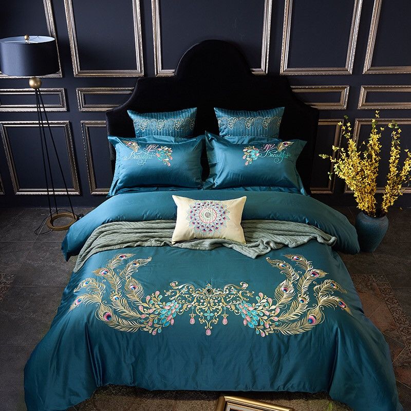100s Egypt Cotton Peacock Feather Embroidery Luxury Bedding Set 4 King Queen Size Bed Set Duvet Cover Bed Sheet Train Bedding Striped Duvet Covers