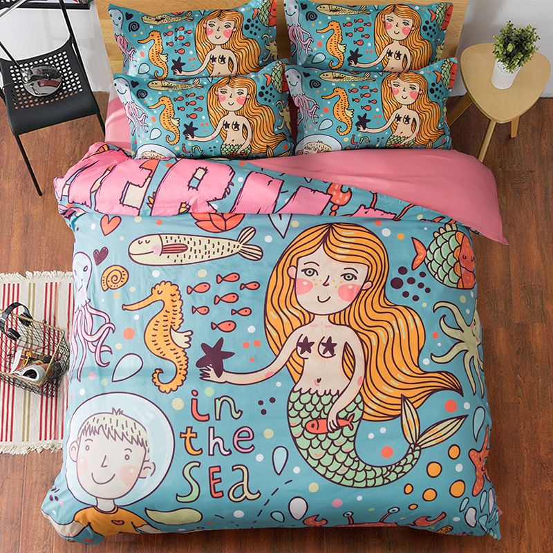 Novelty Gift Mermaid Fish Sea Pattern Home Dorm Bedding Set Duvet