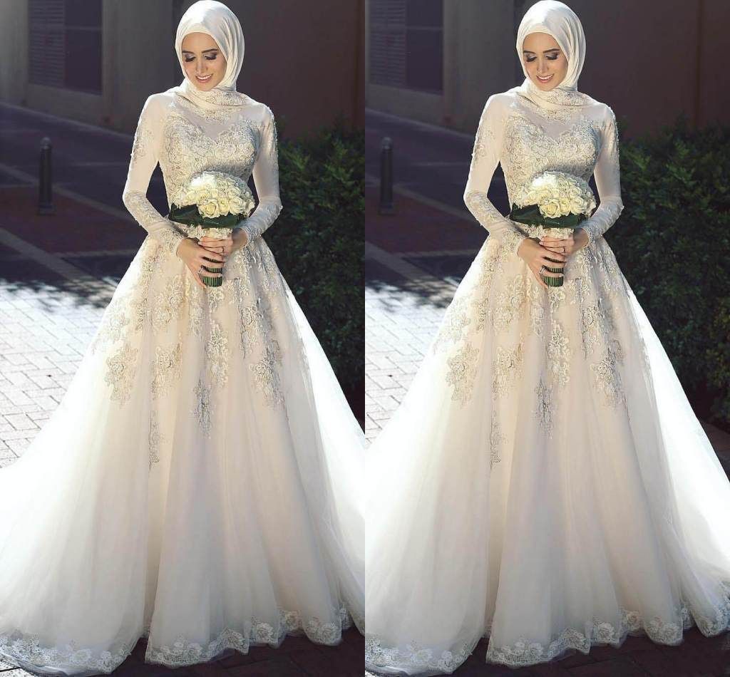 Discount Custom Made High Neck Long Sleeve Muslim Wedding Dresses