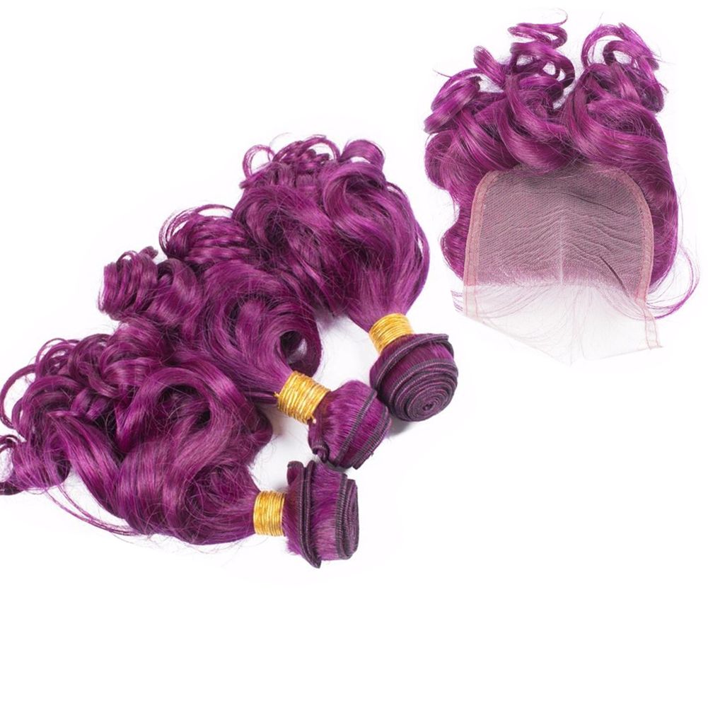 Purple Color Natural Curly Human Hair Weaves With Lace Closure