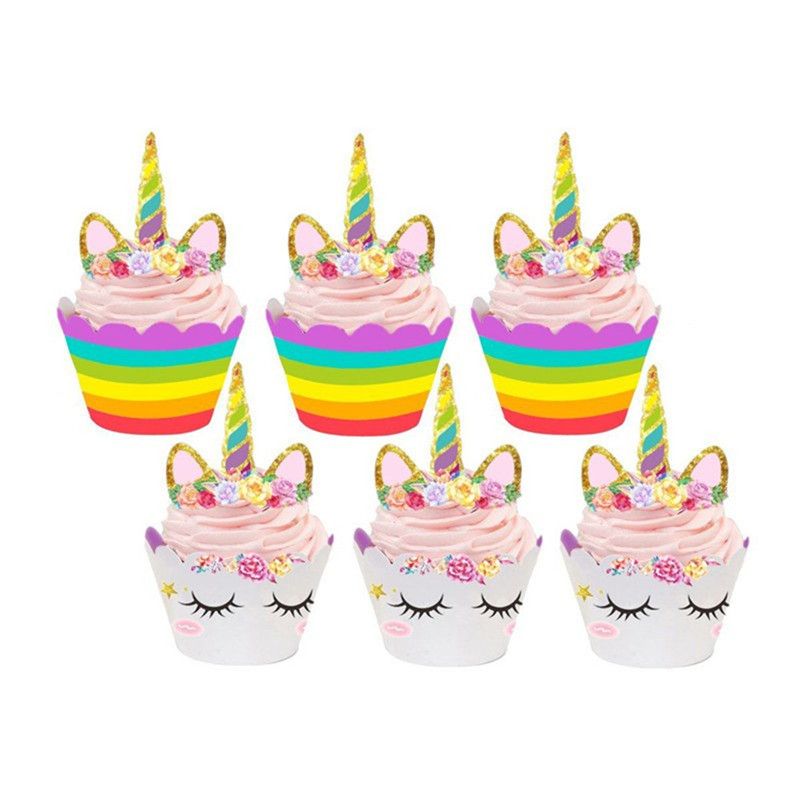 2020 Cute Rainbow Unicorn Cake Toppers Cupcake Wrappers Kids