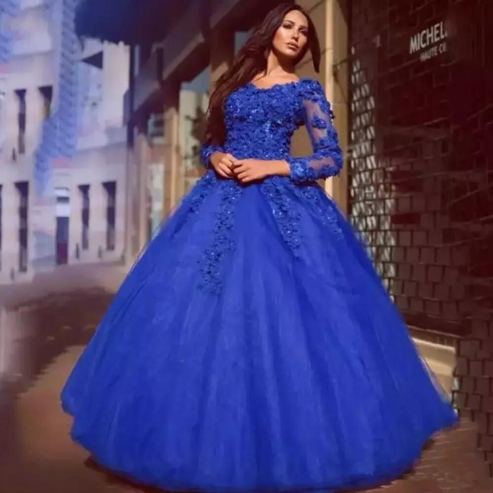 2018 vestidos de quinceañera encaje Blue cuello Sweet 16 Vestido de graduación