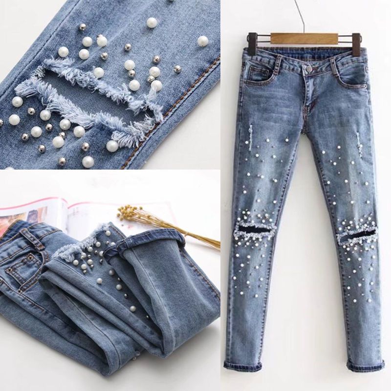 Women Girls Hole Bead Jeans Destroyed 