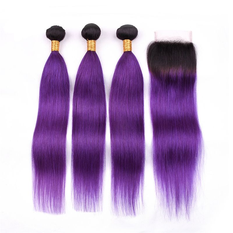 2019 Ombre Color Black And Purple Hair Extension With Lace Closure