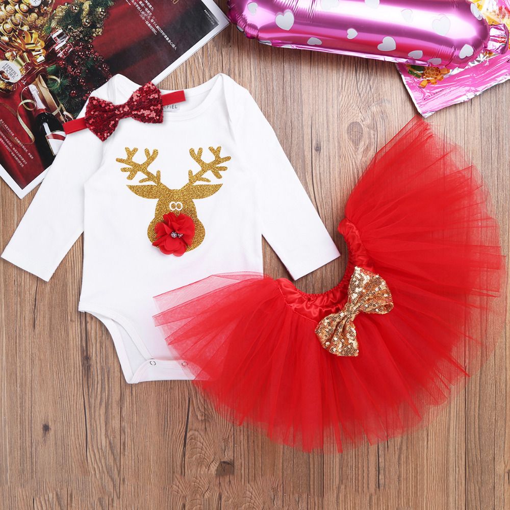 US Girls My Baby 1st Christmas Clothes Infant Romper+Tutu Dress Headband Outfits