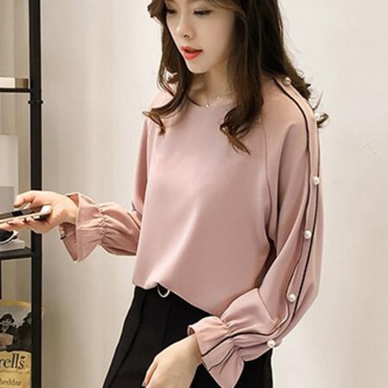 Blusa De Gasa 2018 Nuevas Mujeres Tops Trompeta De Manga Larga Blusas Elegantes Para Dama Perla Casual Rosa Color Blanco Blusas De 11,28 € | DHgate