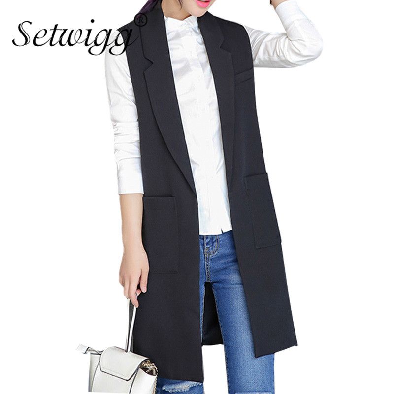 Compra SETWIGG Mujer Moda Blazer Sin Mangas Chaleco Largo Mujer Otoño  Collar Negro Bolsillos De Puntada Abierta Chaleco Informal Barato | Entrega  Rápida Y Calidad | Es.Dhgate