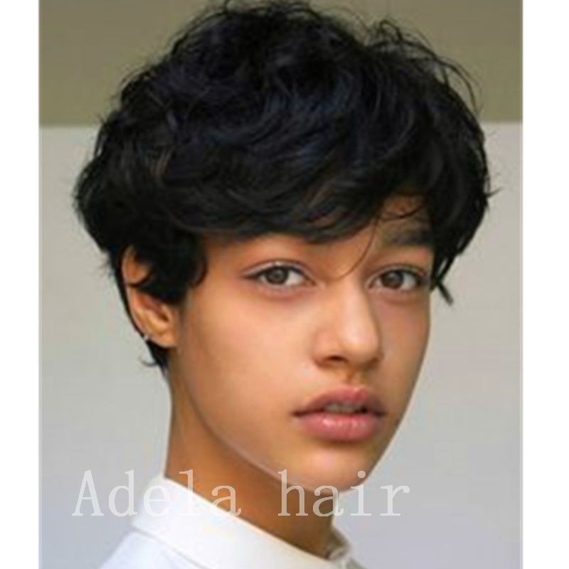 Human Hair Capless Wigs Human Hair Curly Pixie Cut With Bangs