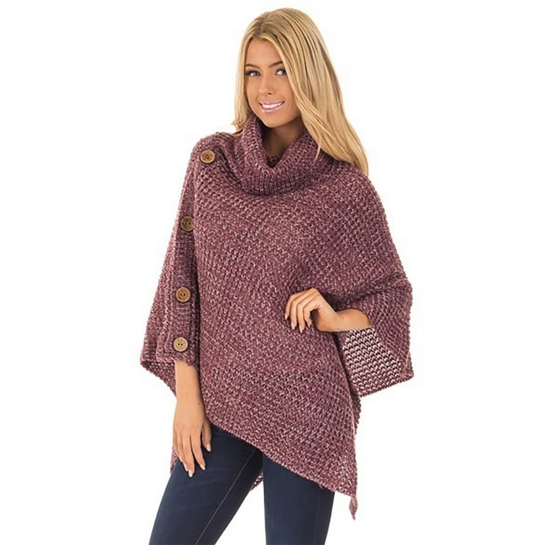 Womens Knitted Turtleneck Sweater Cape Coat Women Button Irregular ...