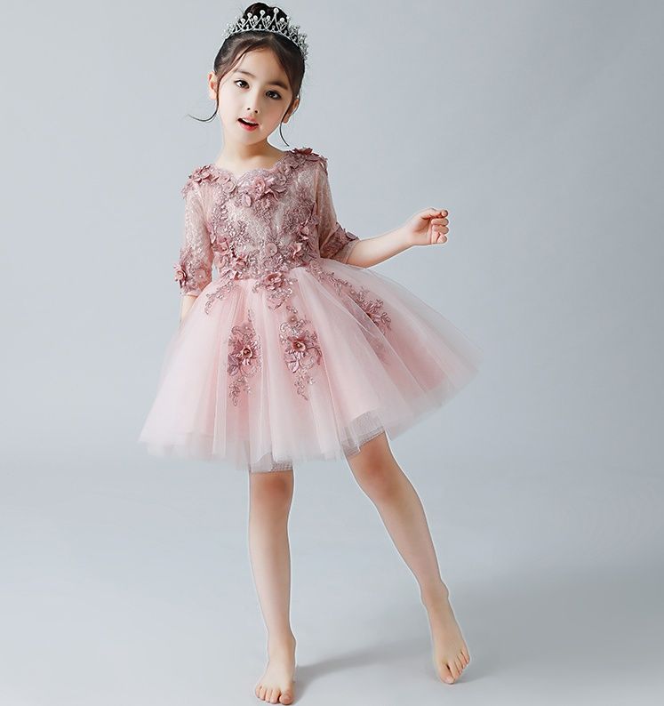 Nueva llegada 3D Appliqued Vestidos para niñas de flores para bodas Vestidos cortos de desfile para Nueva llegada 3D Appliqued Vestidos para niñas de flores para bodas Vestidos cortos de desfile para