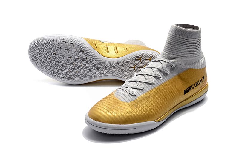 white and gold indoor soccer shoes